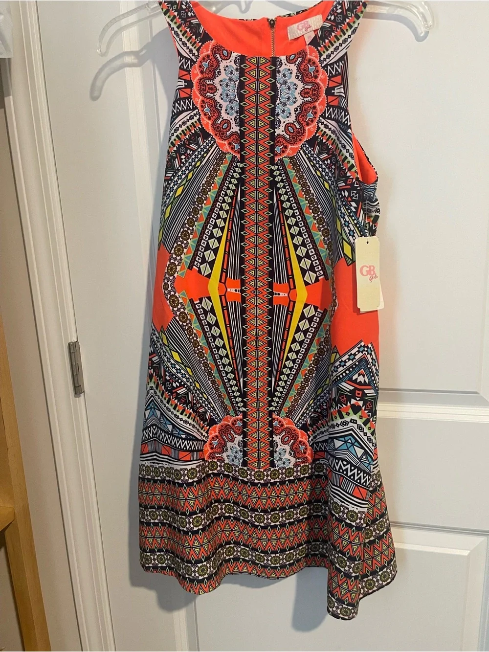 GB girls Coral and Multicolor Geometric Sleeveless Dress XL A Line Knee Length